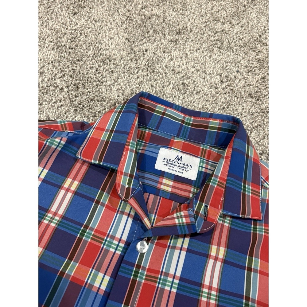 Mizzen+Main Mens Plaid Trim‎ Fit Long Sleeve Dress Shirt Size Medium Red Blue